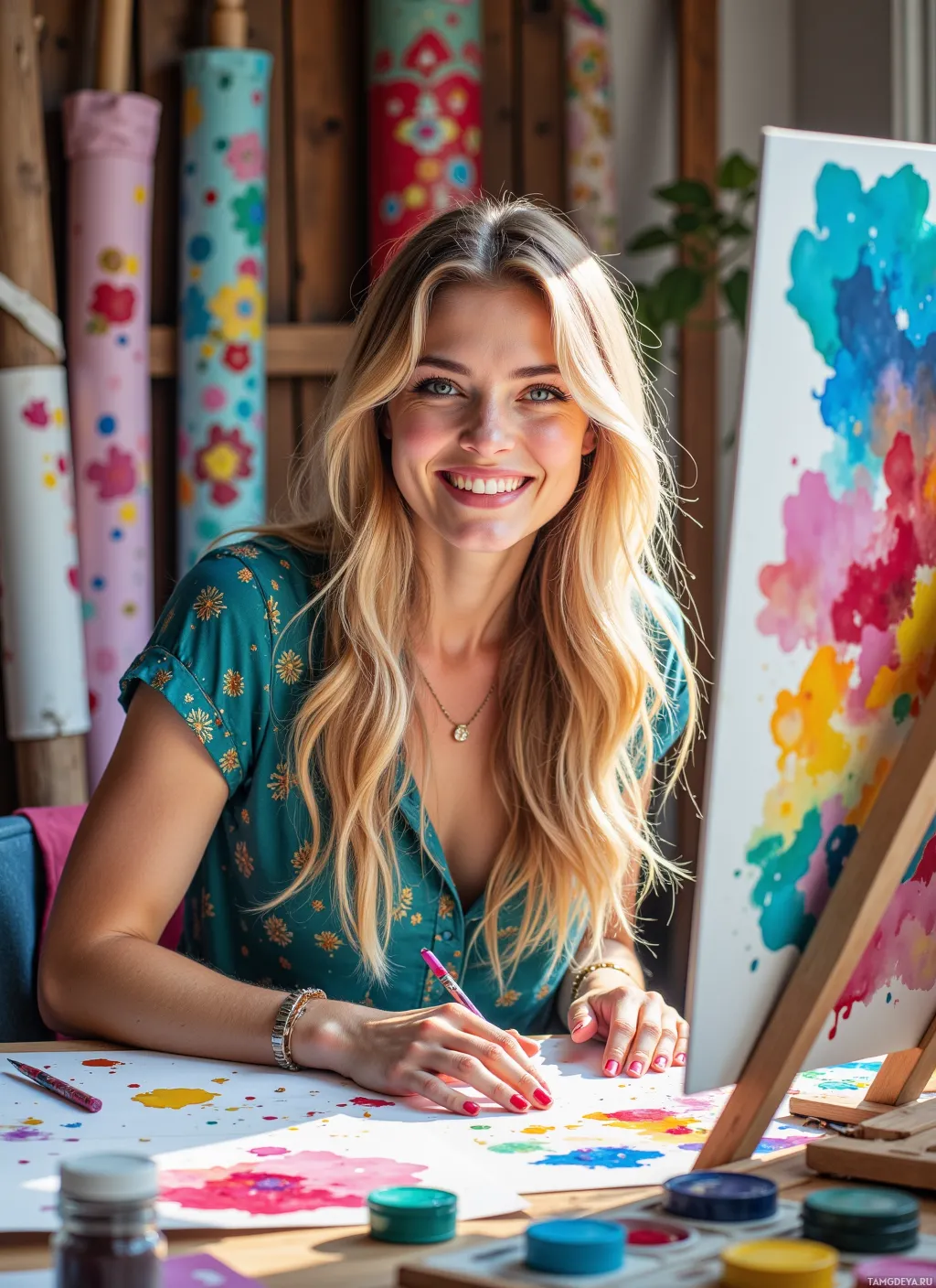 A woman smiles while sitting at a table with colorful paint splatters and art supplies.