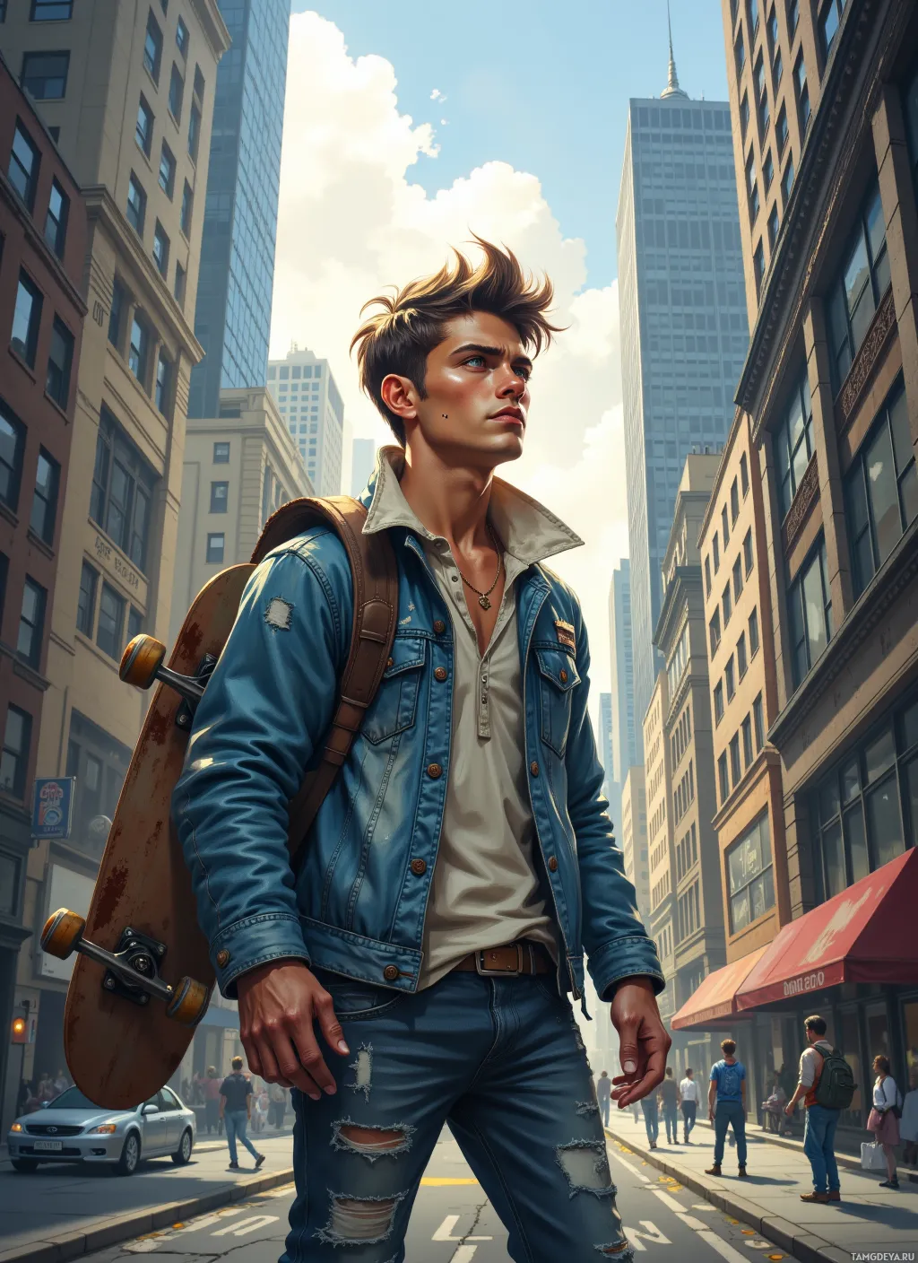 A young man with a skateboard stands on a city street, surrounded by tall buildings.