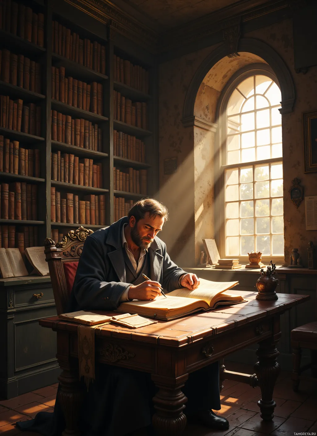 A man is seated at a desk in a library, writing in a book under the light of a window.
