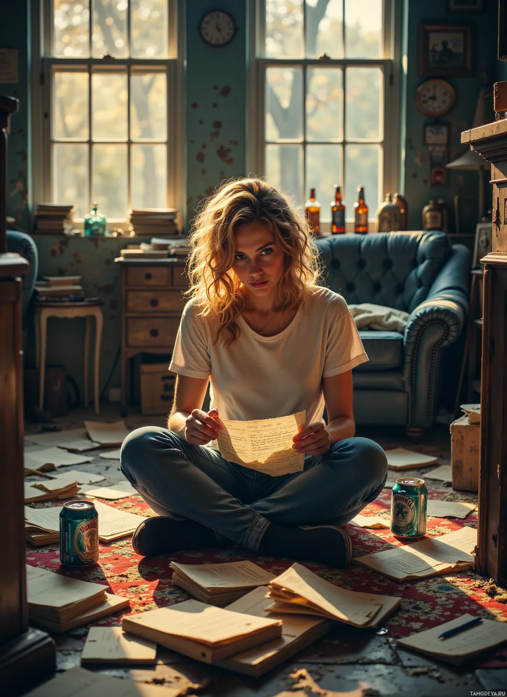 A woman sits cross-legged on the floor in a cozy, sunlit room surrounded by books and papers.