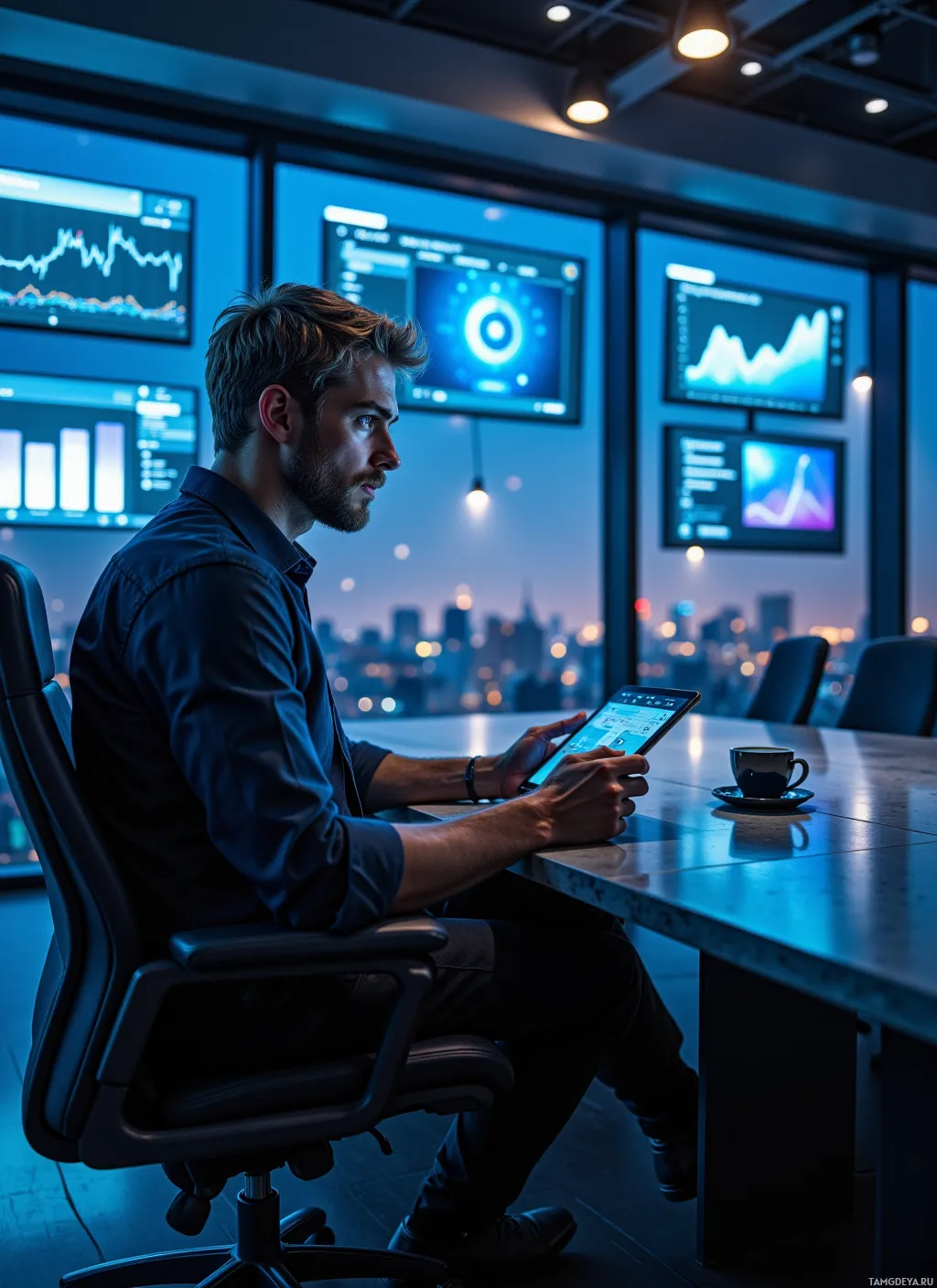 A man sits at a desk in a dimly lit room with multiple monitors displaying graphs and data, holding a tablet.