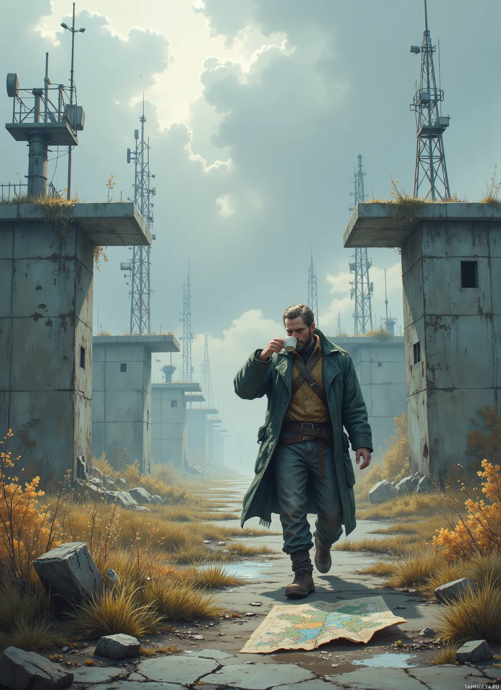 A man in a green coat walks through a desolate, overgrown industrial area, sipping from a cup.