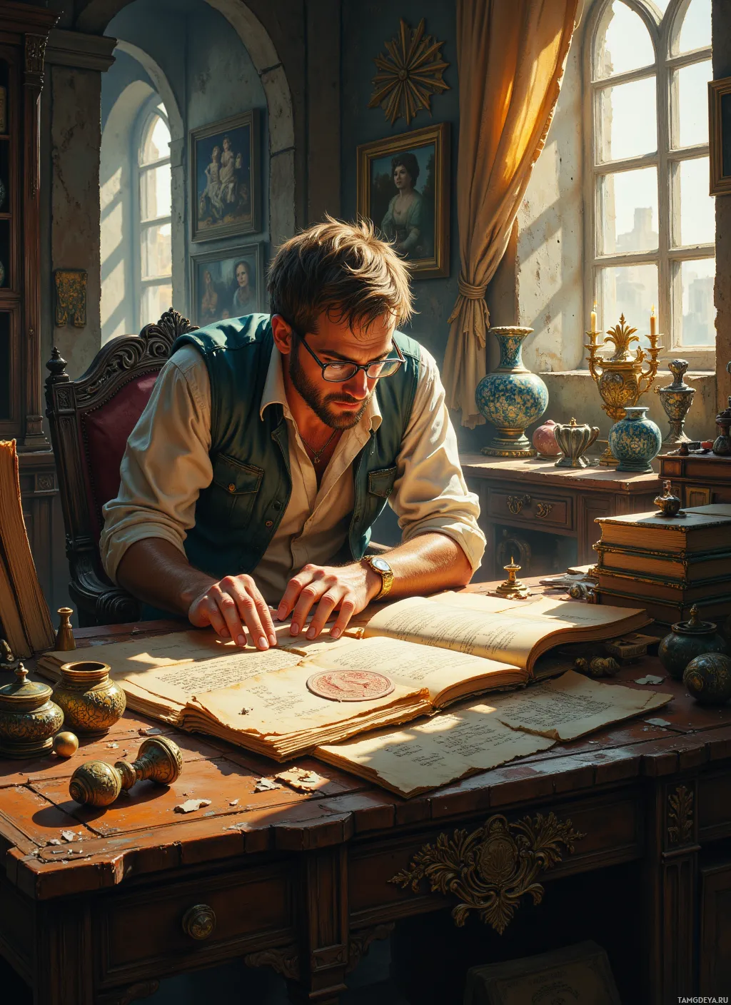A man in a historical setting is reading an open book at a desk.