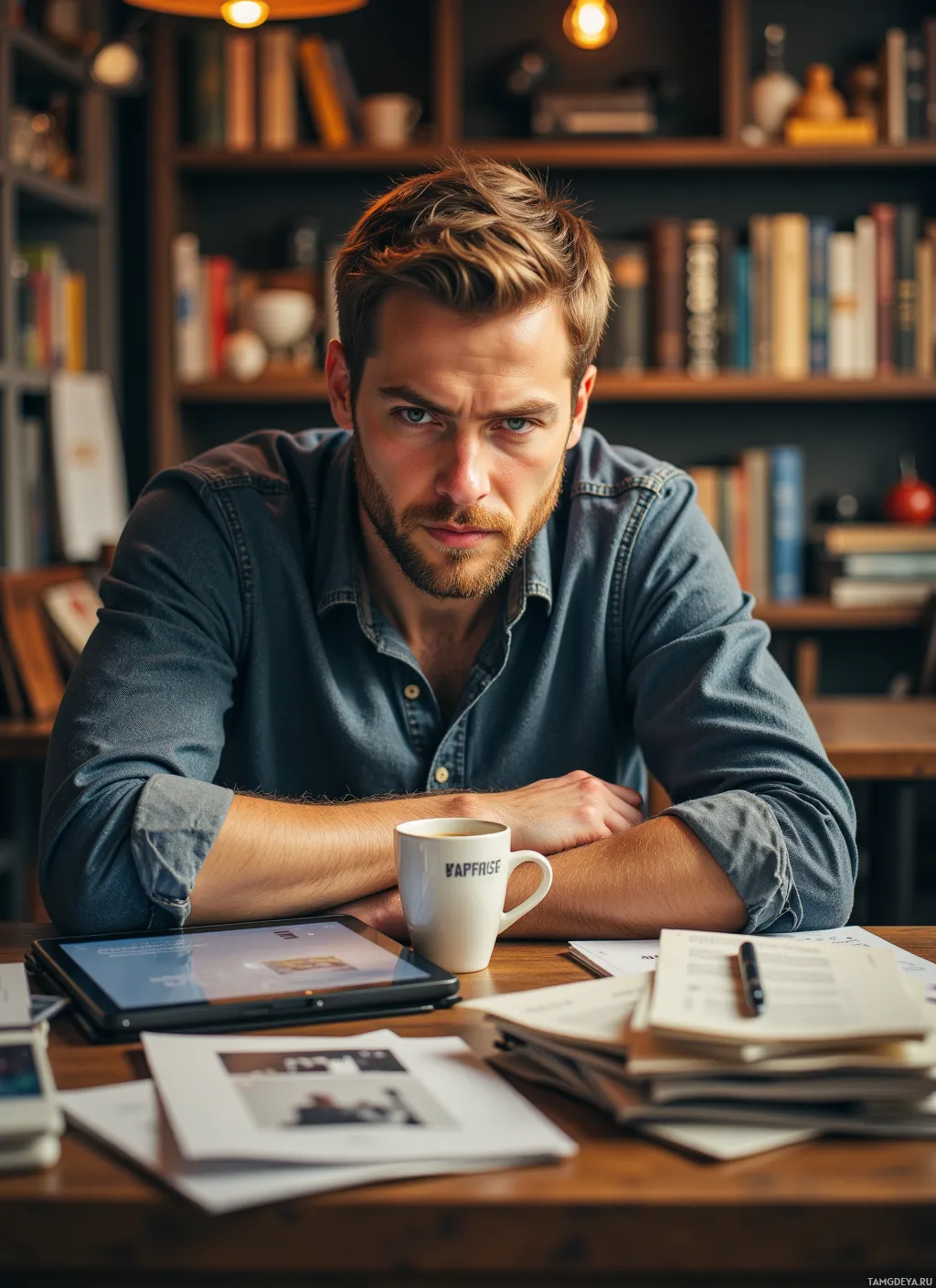 A man sits at a desk with a coffee mug, tablet, and papers, surrounded by bookshelves.