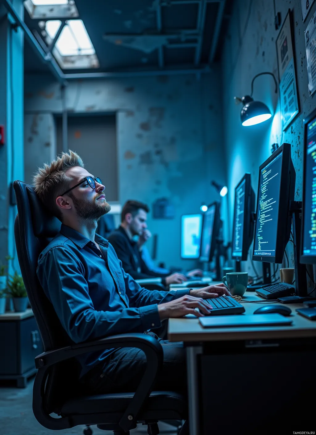 A man in a dimly lit office works at a computer, surrounded by multiple monitors displaying code.