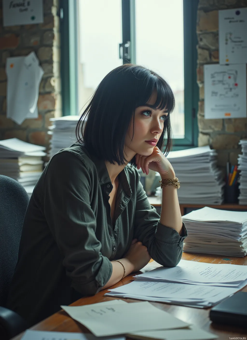 A woman sits at a desk in a workspace, surrounded by papers and documents.