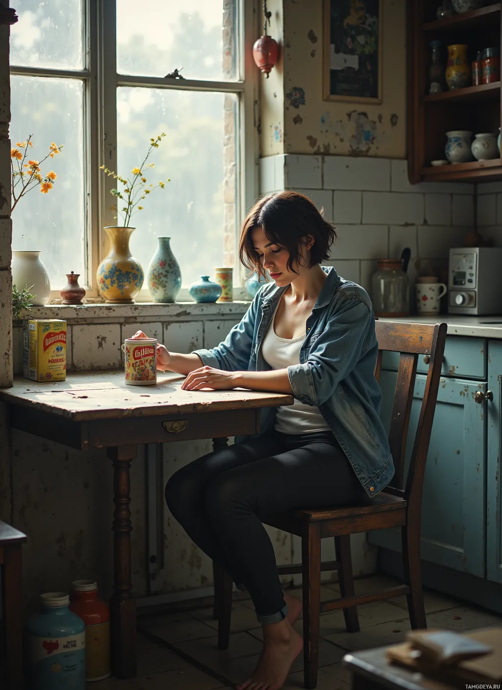 A woman sits at a small wooden table in a rustic kitchen, sipping from a vintage mug.
