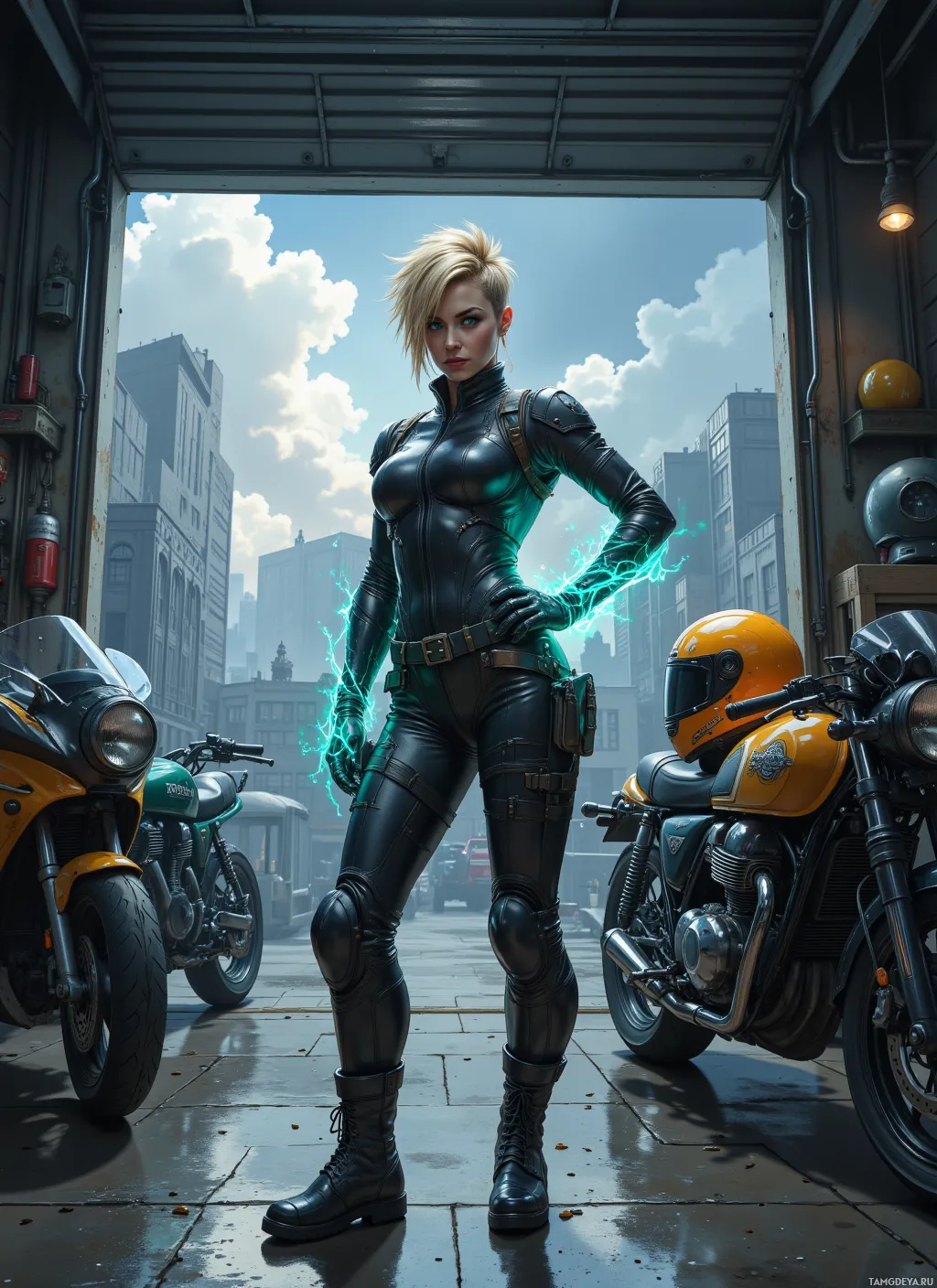 A woman in a leather outfit stands confidently in a garage with motorcycles and a cityscape in the background.