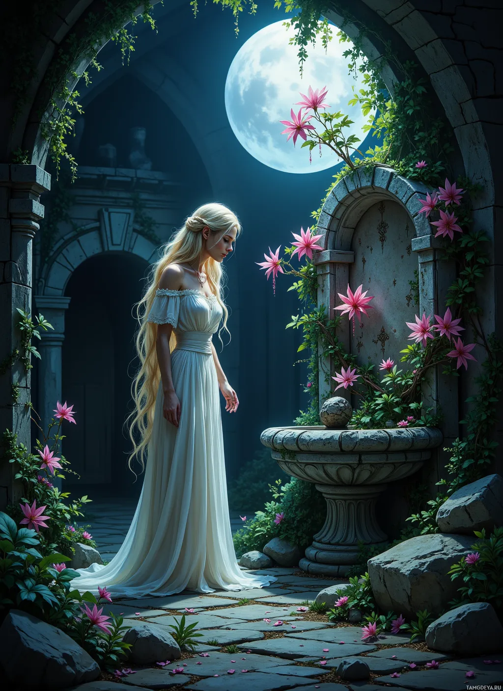 A woman in a white dress stands in a moonlit garden with pink flowers and stone arches.