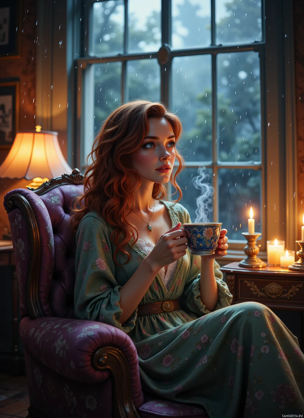 A woman in a floral dress sits in a purple armchair, holding a steaming cup, with candles and a lamp in a cozy room.