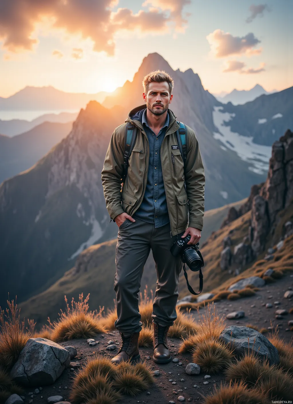 A man stands on a mountain peak at sunset, holding a camera.