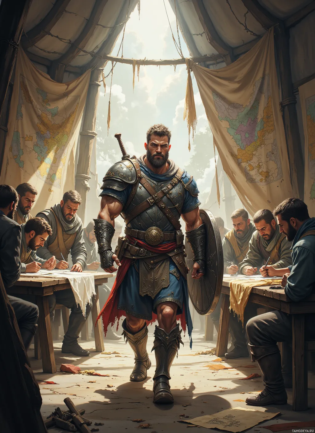 A warrior in armor stands in a tent with scholars writing at tables.
