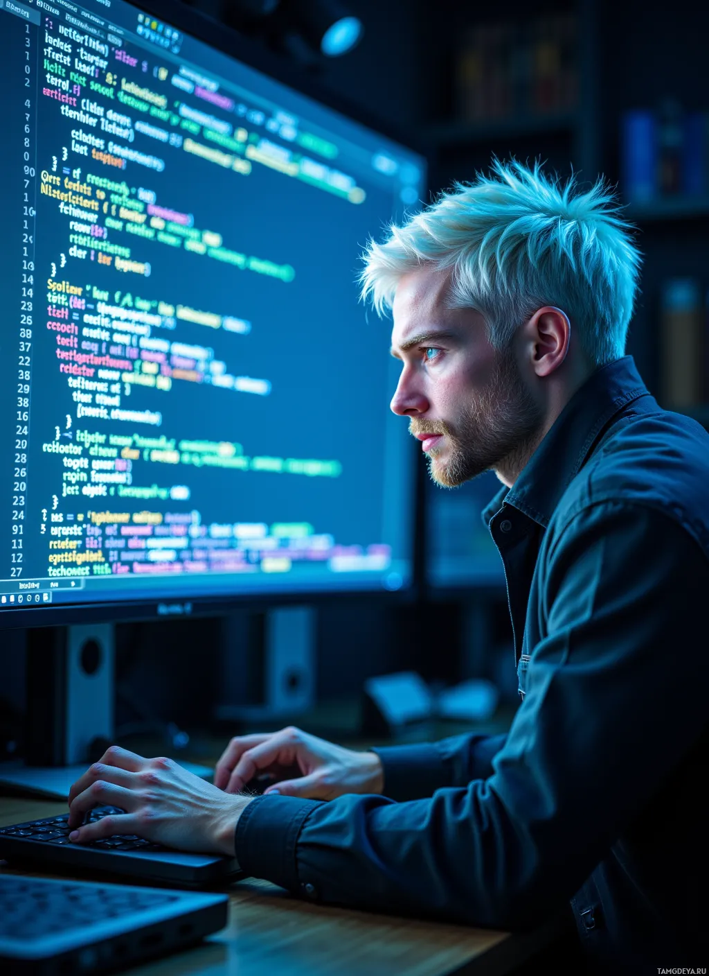 A person with light-colored hair is working on a computer with code displayed on the screen.