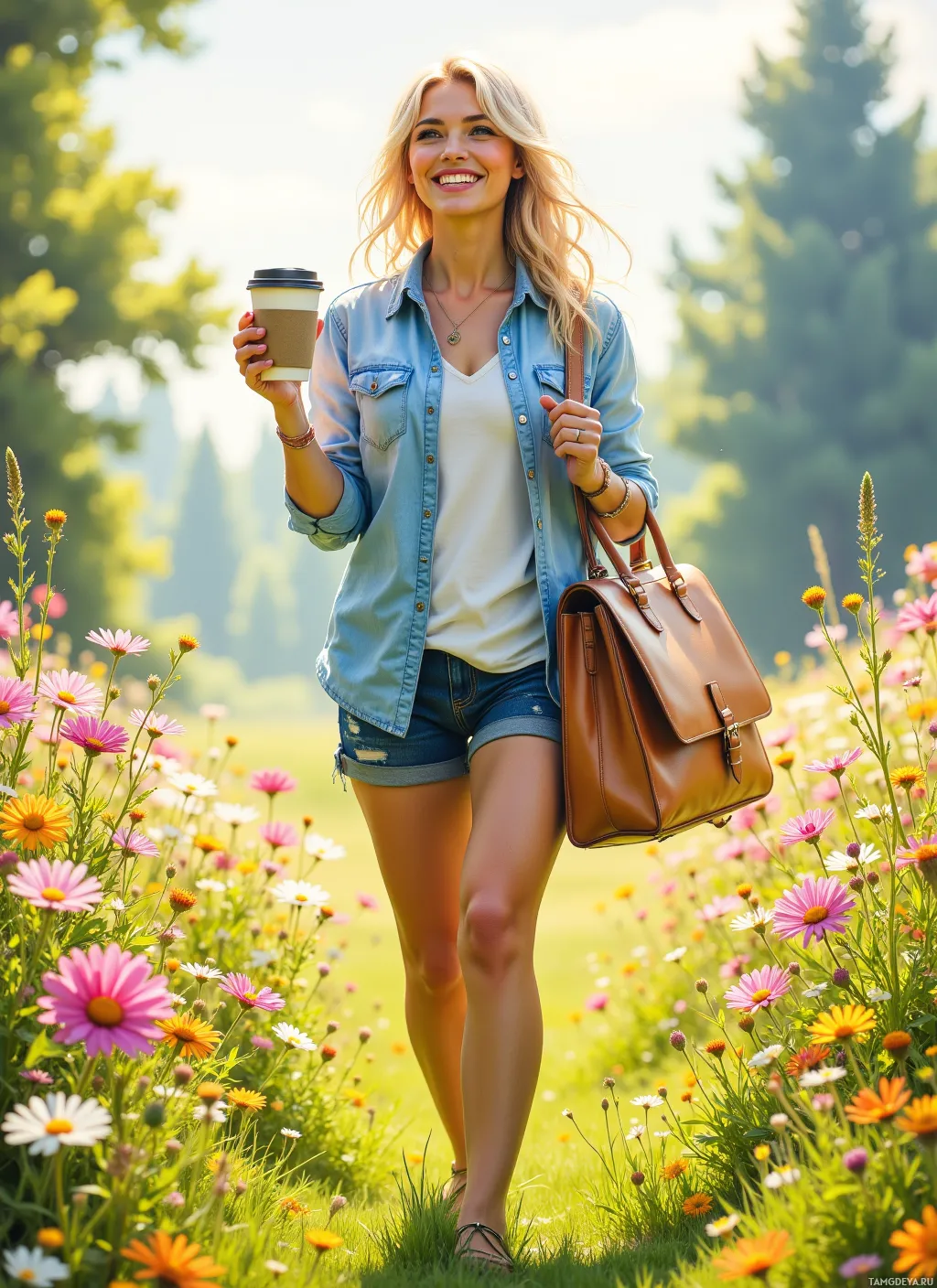 A woman walks through a field of flowers holding a coffee cup and a bag.