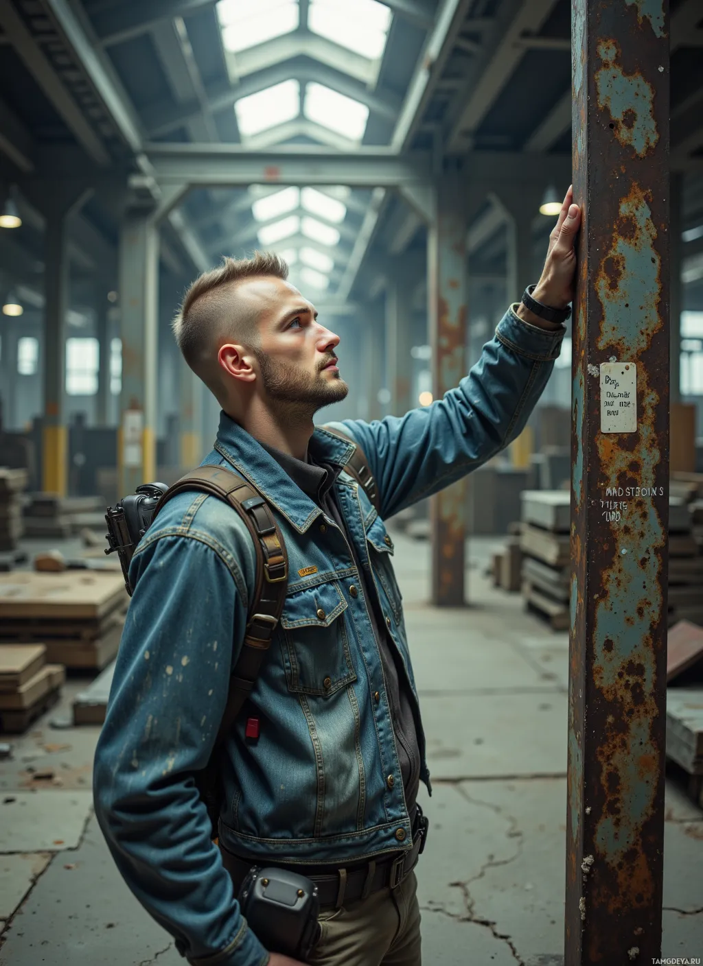 A man in a denim jacket stands in a dimly lit industrial setting, leaning against a rusted metal beam.