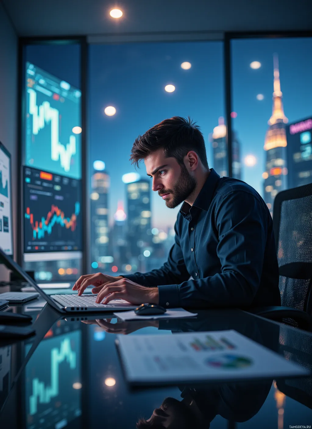 A man works on a laptop in a modern office with a cityscape view at night.