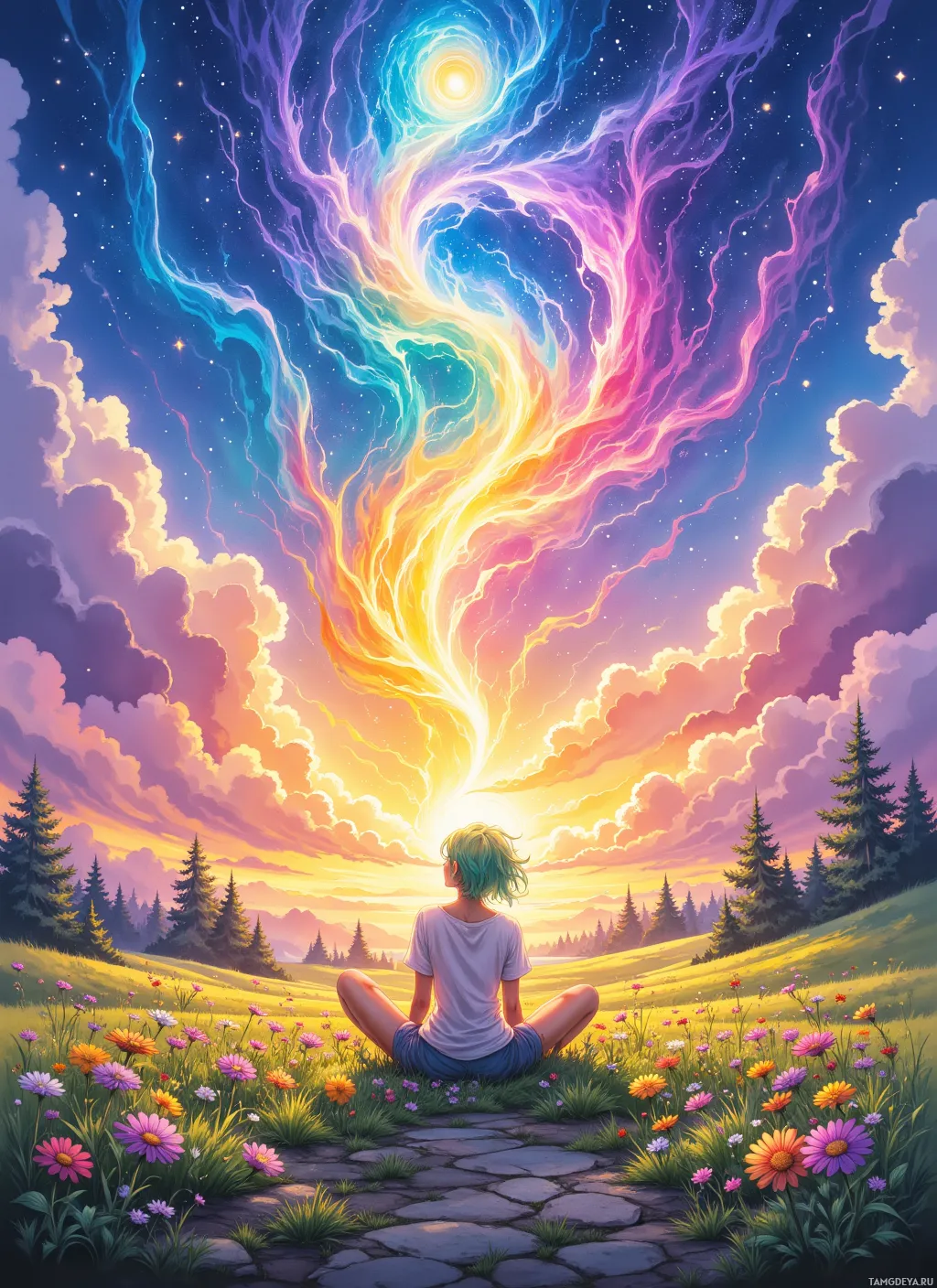A person meditates in a serene field under a vibrant, cosmic sky.