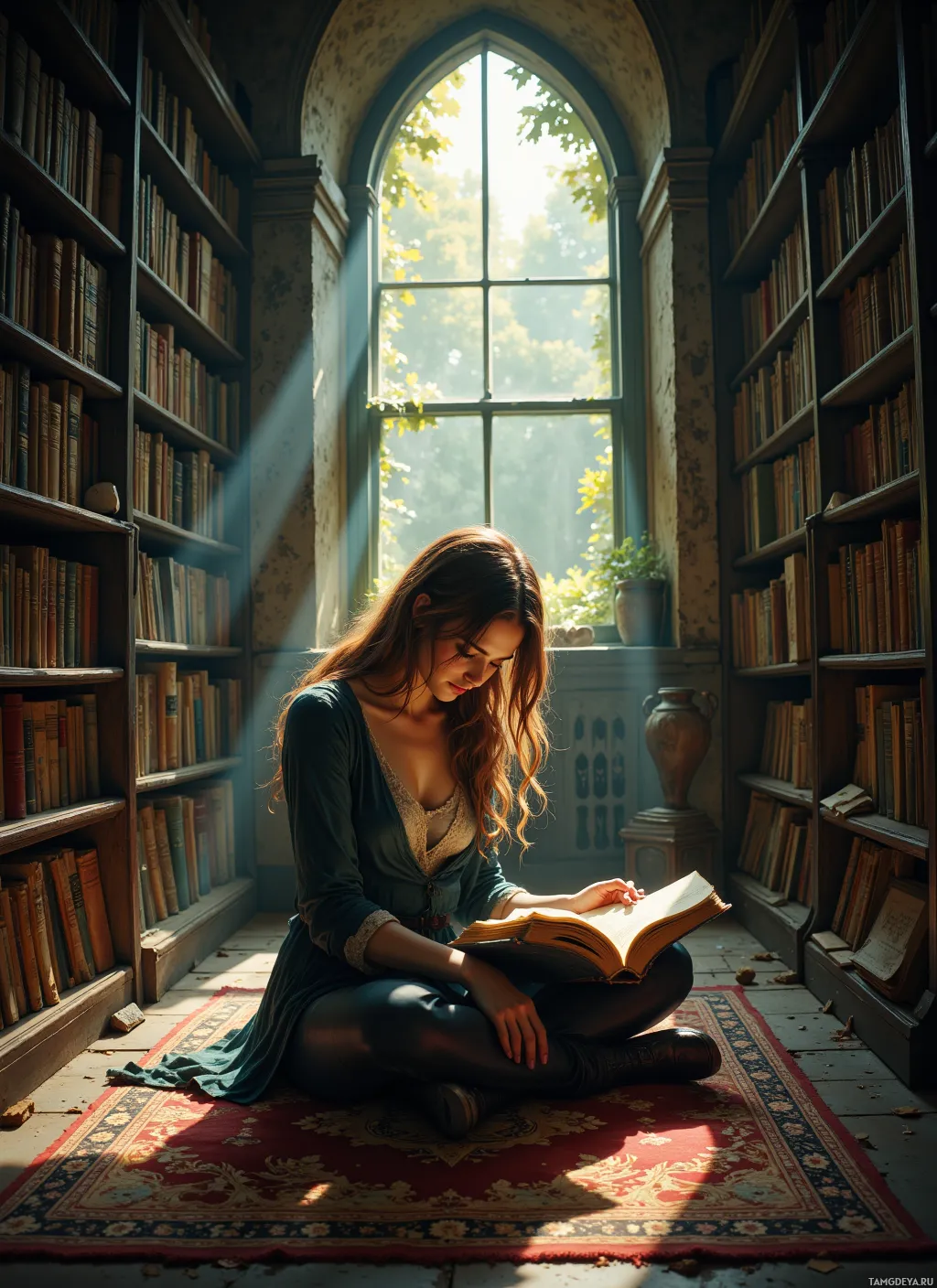 A woman sits cross-legged on a rug in a library, reading a book with sunlight streaming through an arched window.