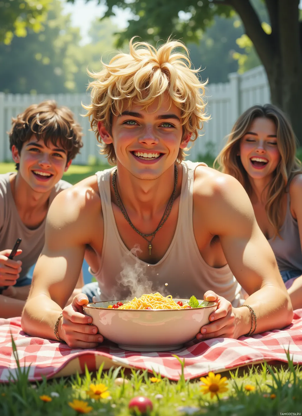 Three people enjoying a picnic with a bowl of pasta on a sunny day.