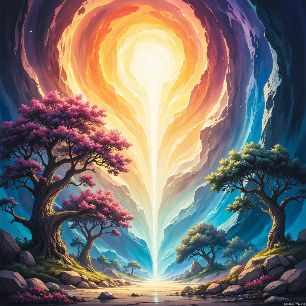 A serene landscape featuring a glowing portal surrounded by vibrant trees and rocky terrain.