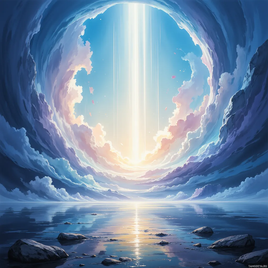 A serene scene of a glowing light source at the top of a circular opening, casting a radiant reflection on calm water below.