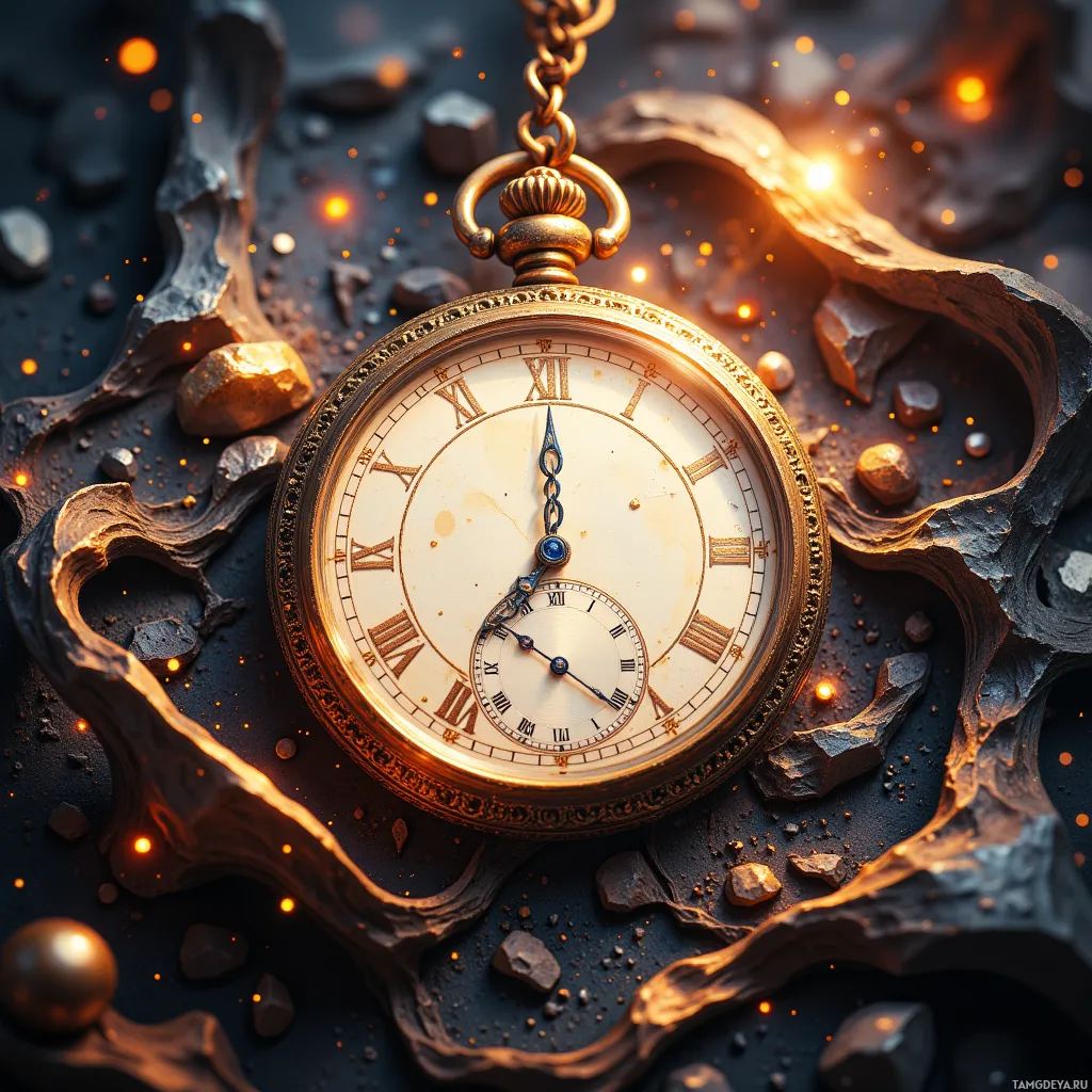 A vintage pocket watch with Roman numerals is surrounded by glowing embers and dark, rocky textures.