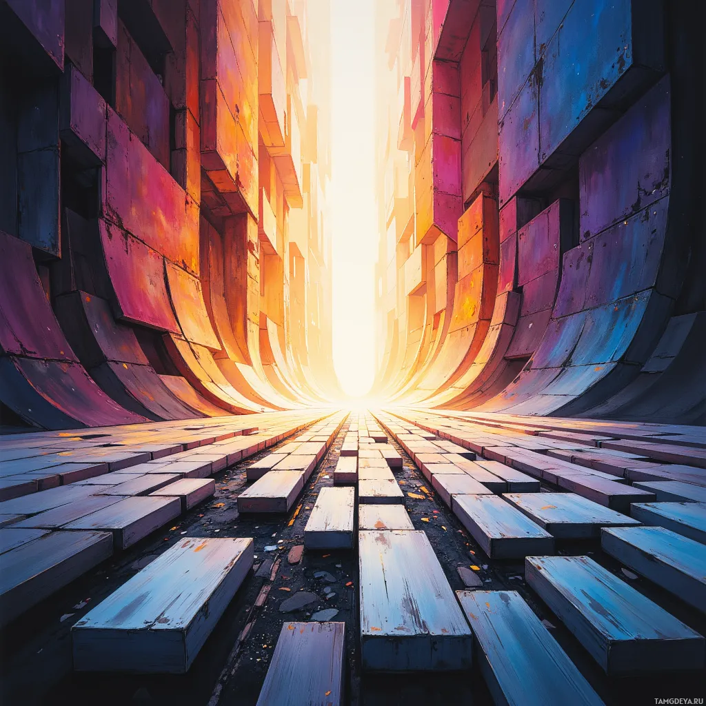 A futuristic tunnel with glowing light at the end and colorful walls.