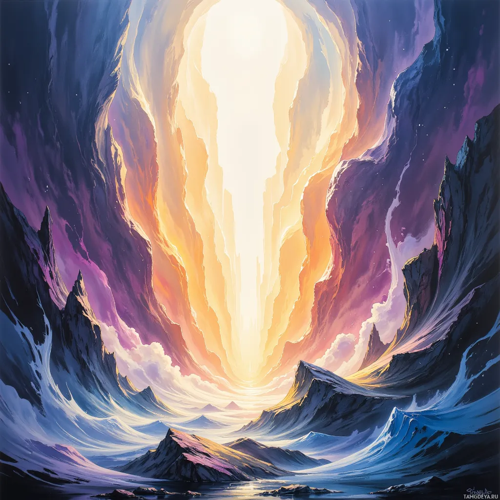 A vibrant, fantastical landscape featuring towering, jagged cliffs and a radiant light source at the horizon.