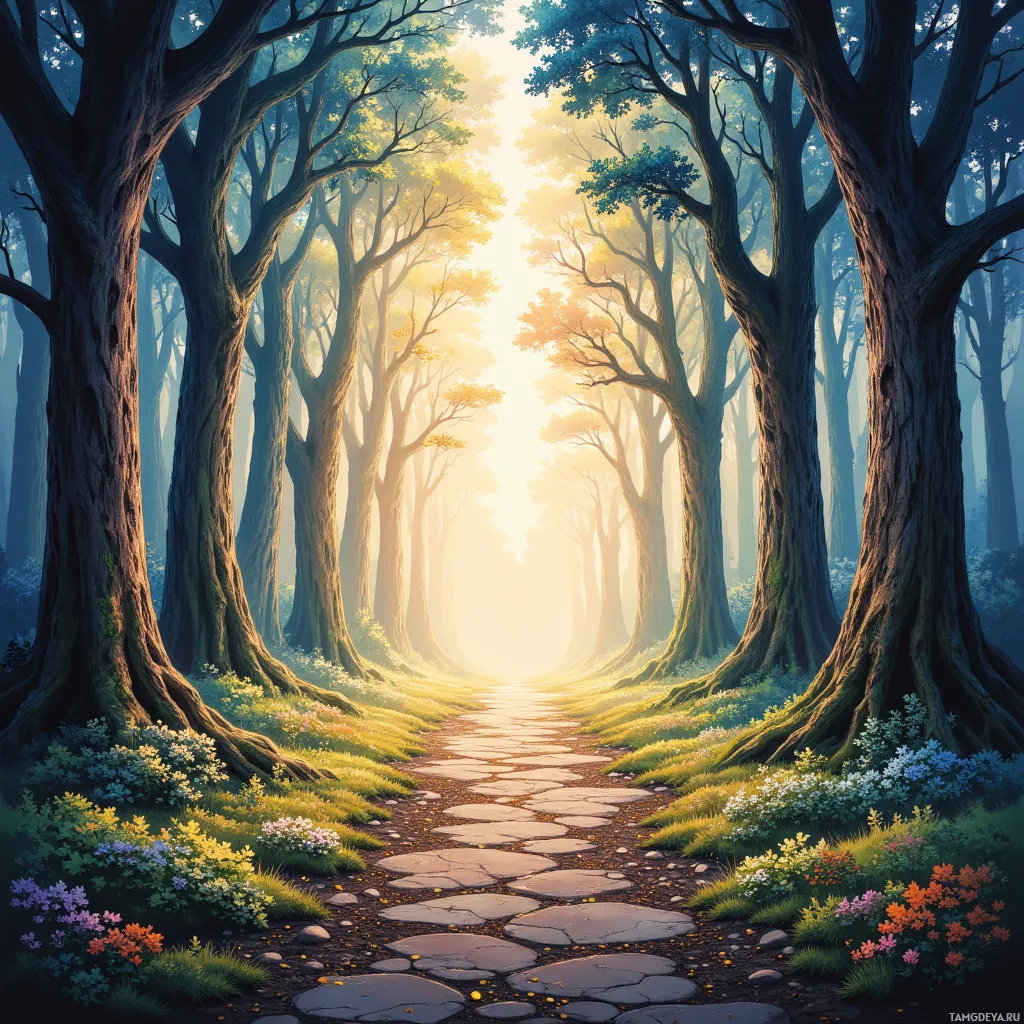 A serene forest path lined with tall trees and vibrant flowers leading towards a bright light at the end.