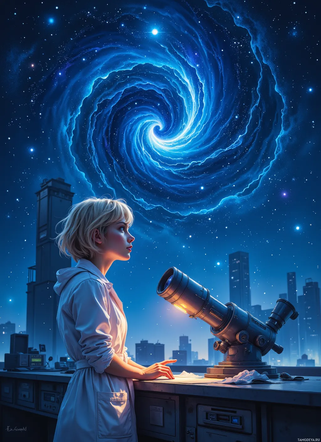 A person in a lab coat stands at a desk with a telescope, gazing at a swirling cosmic vortex in the night sky.