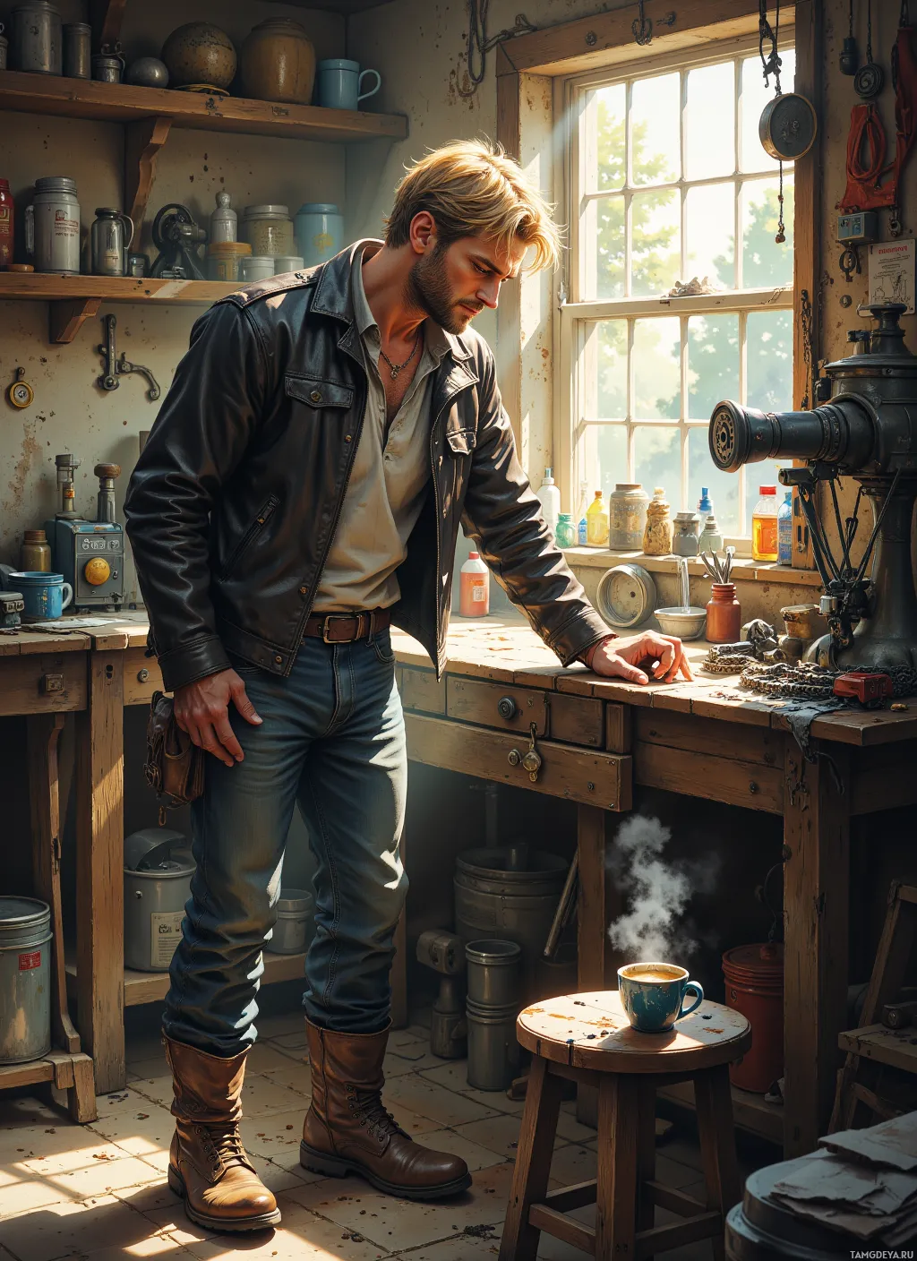 A man in a leather jacket and jeans stands in a rustic workshop with sunlight streaming through a window.