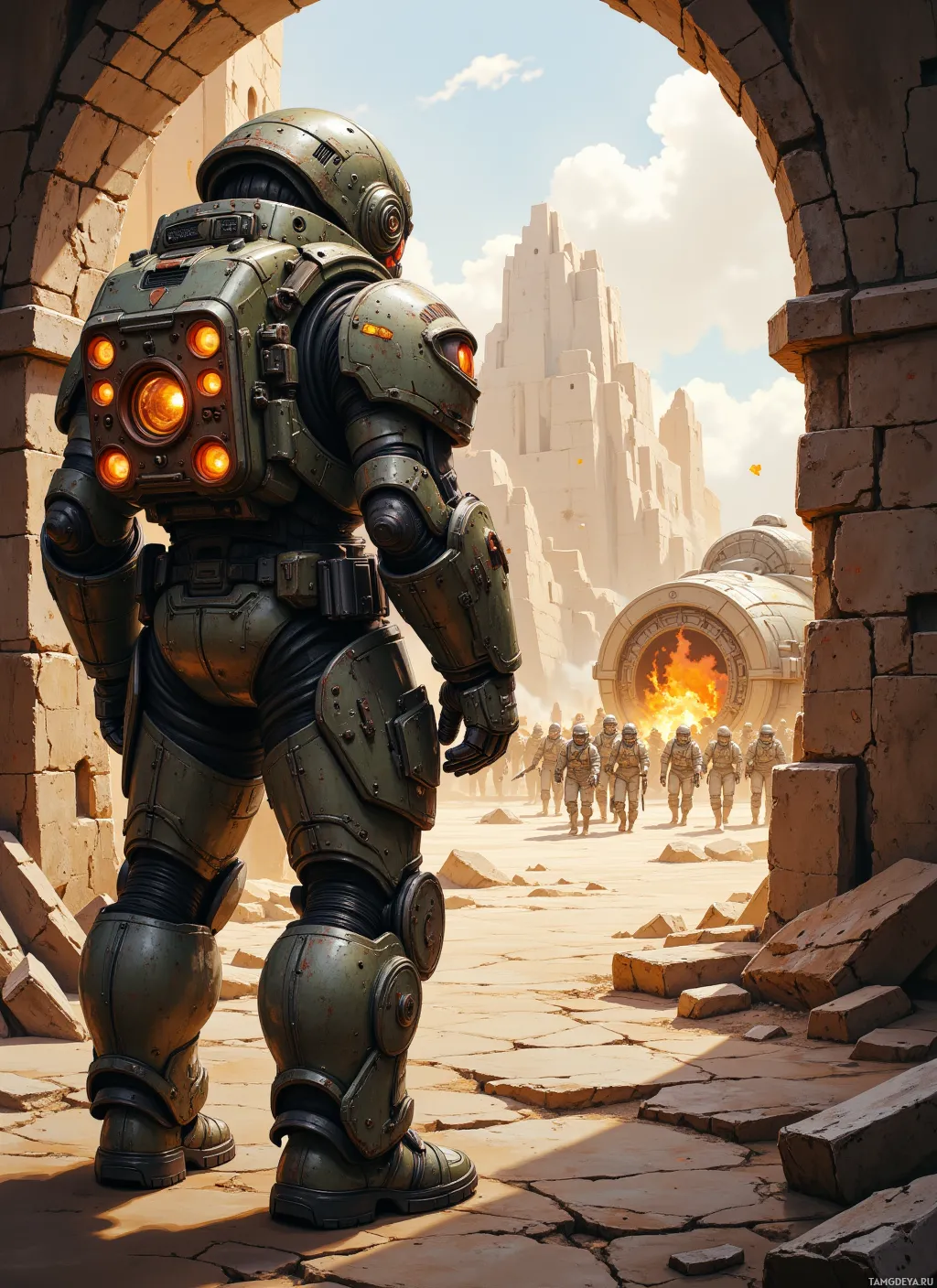 A soldier in a futuristic, armored suit stands in a desert-like environment with other soldiers and a large structure in the background.