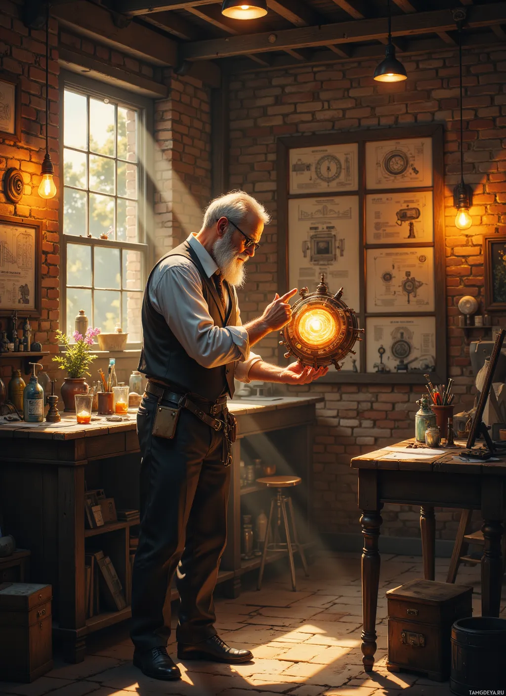 An elderly man in a workshop holds a glowing, intricate device.