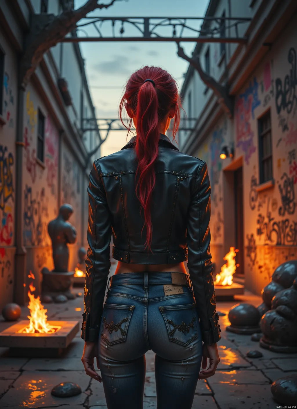 A woman with red hair in a ponytail stands in an alleyway with graffiti and a fire pit.