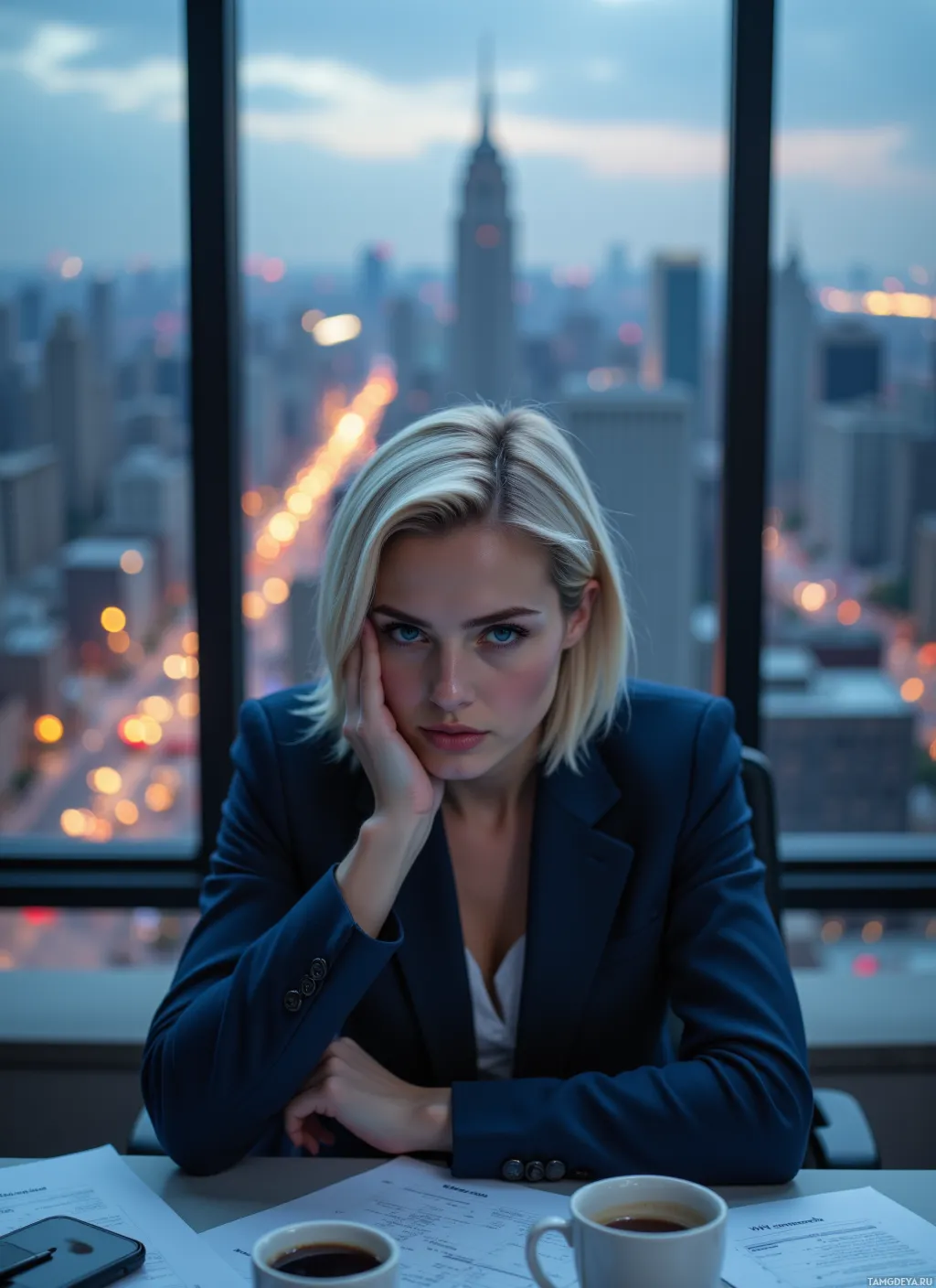 A woman in a suit sits at a desk with a cityscape view in the background.