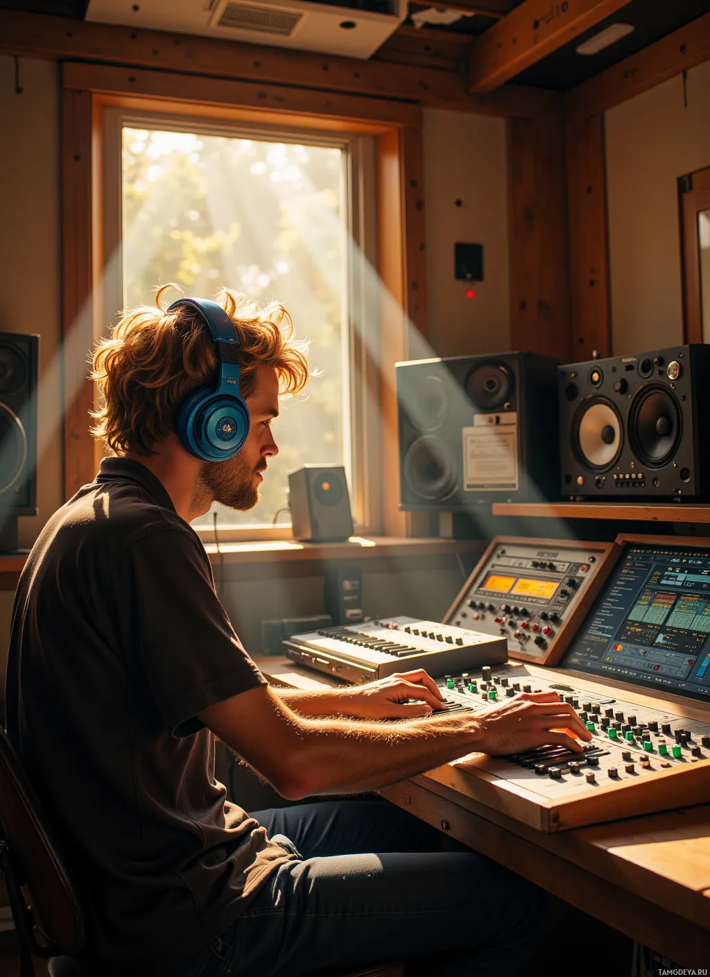 A person wearing headphones is working at a mixing console in a recording studio.