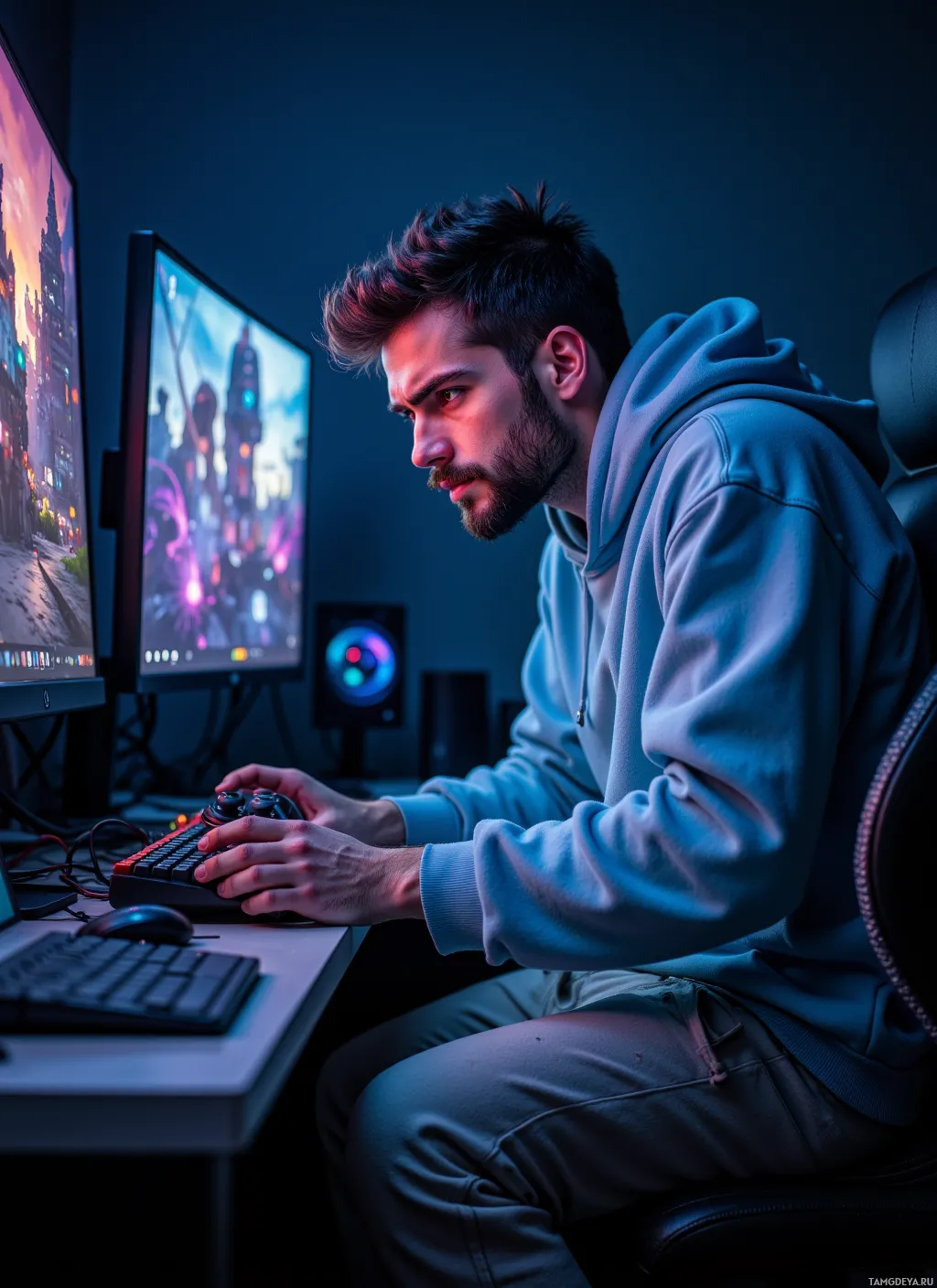 A person is sitting in a gaming setup, focused on a computer screen displaying a game.