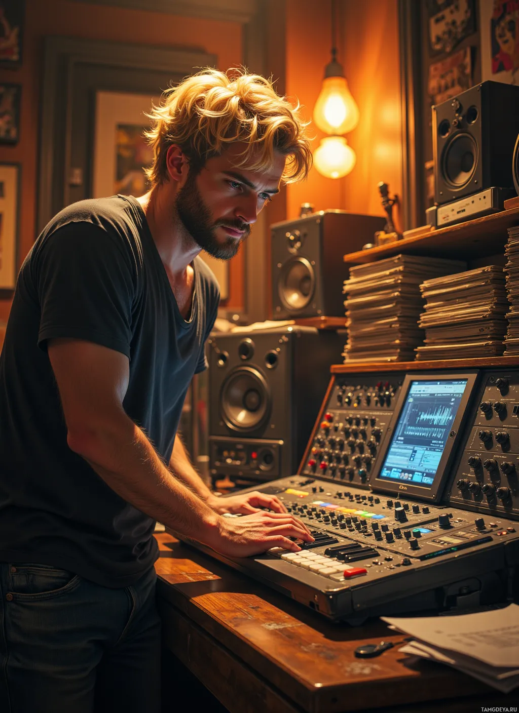 A man is working at a mixing console in a warmly lit recording studio.