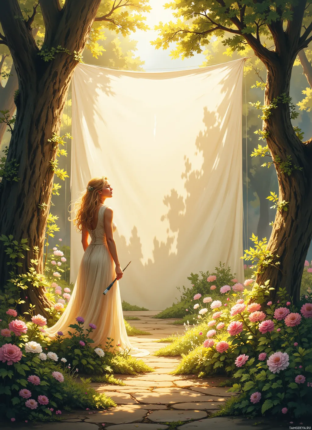 A woman in a flowing dress stands under a canopy of sunlight in a lush garden.