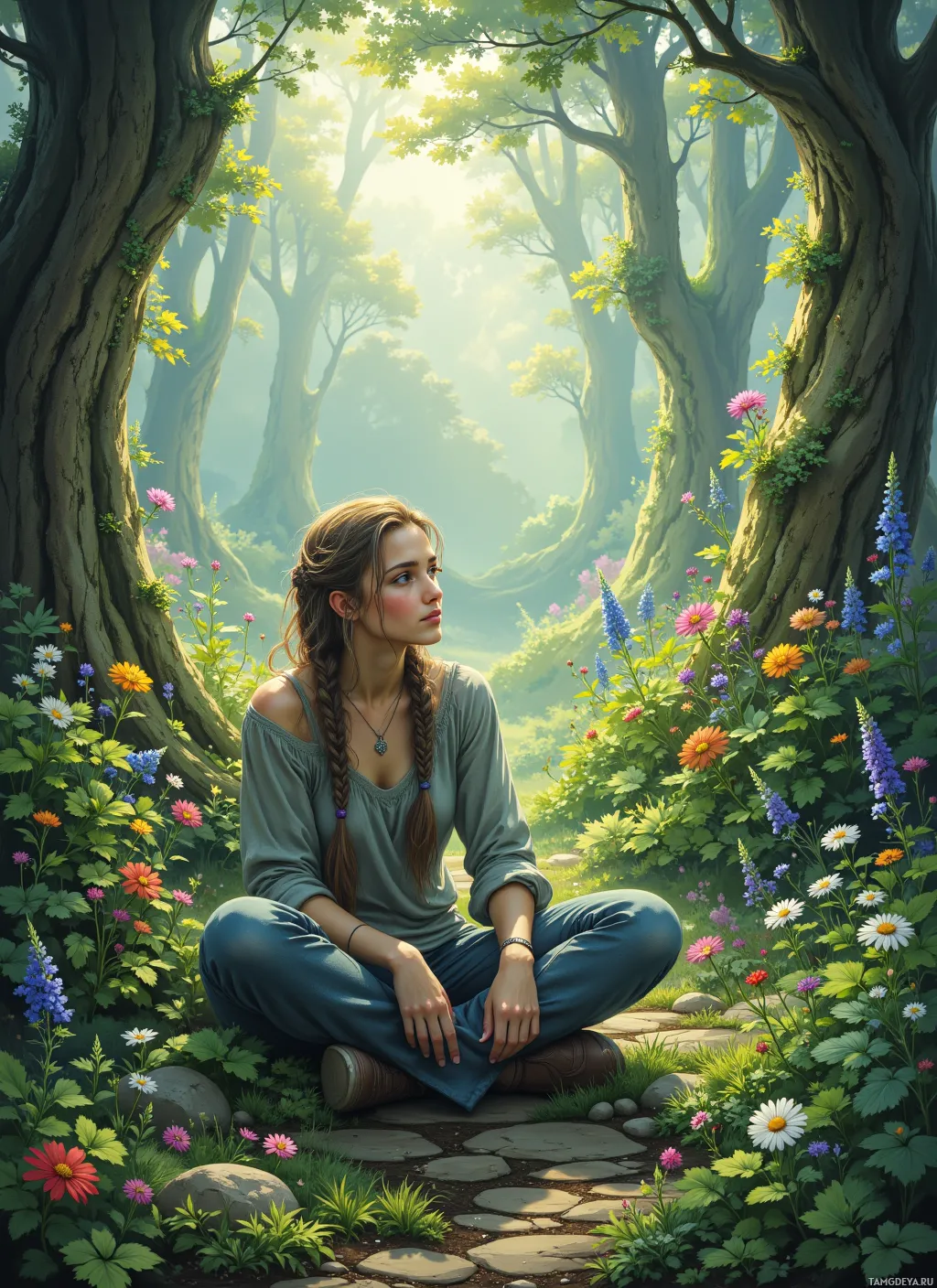 A serene scene of a woman sitting cross-legged amidst a lush, vibrant garden with blooming flowers and towering trees.