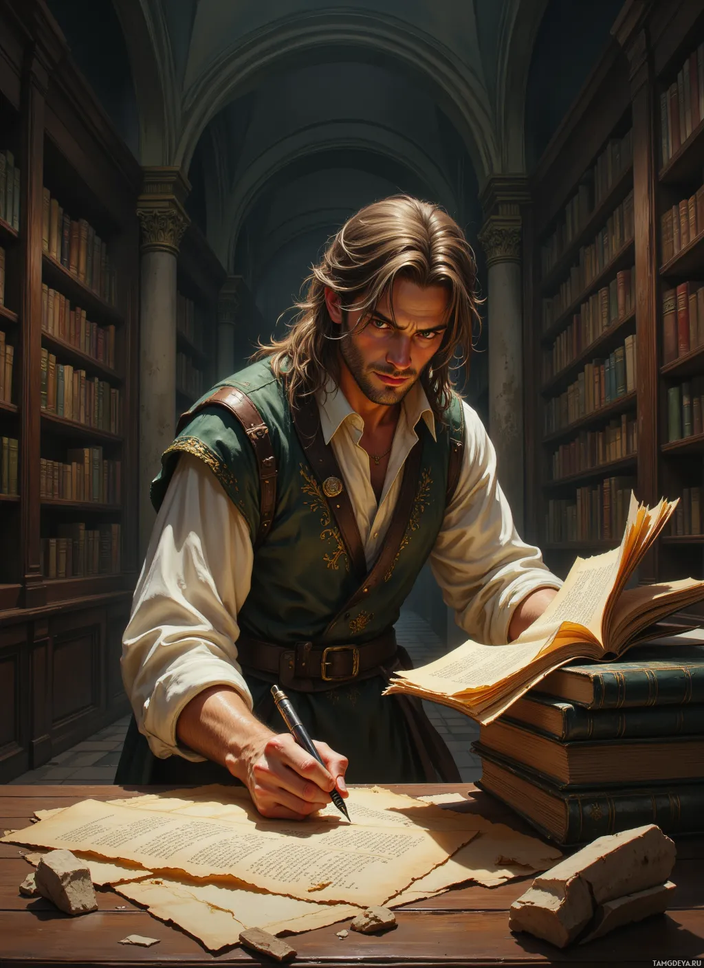 A man in a historical setting is writing in a library.