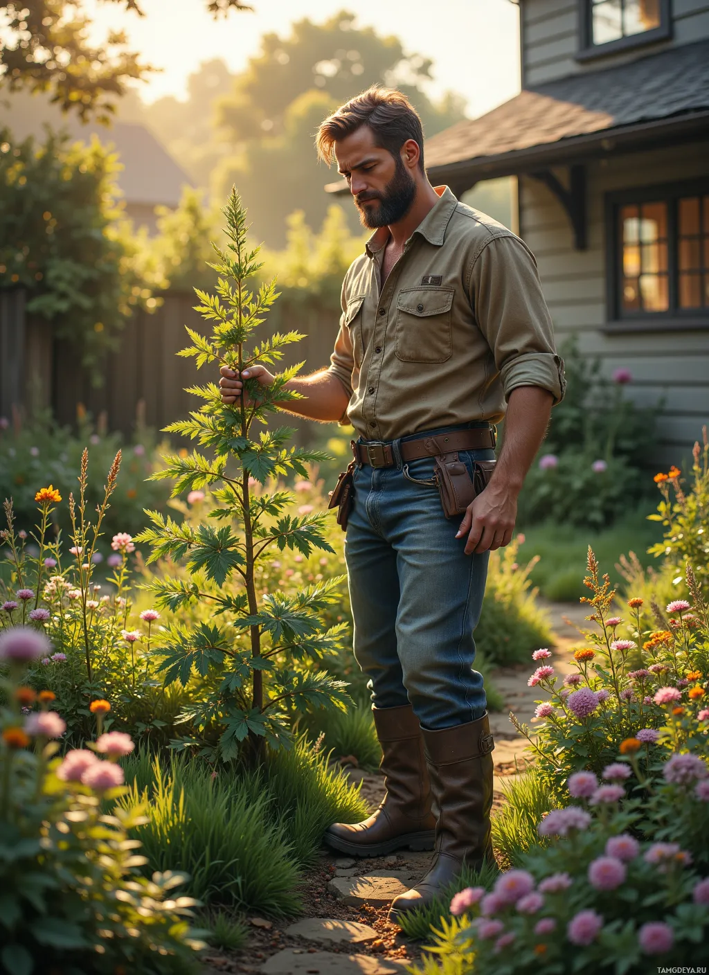 A man in a garden holding a small plant, surrounded by flowers and greenery.