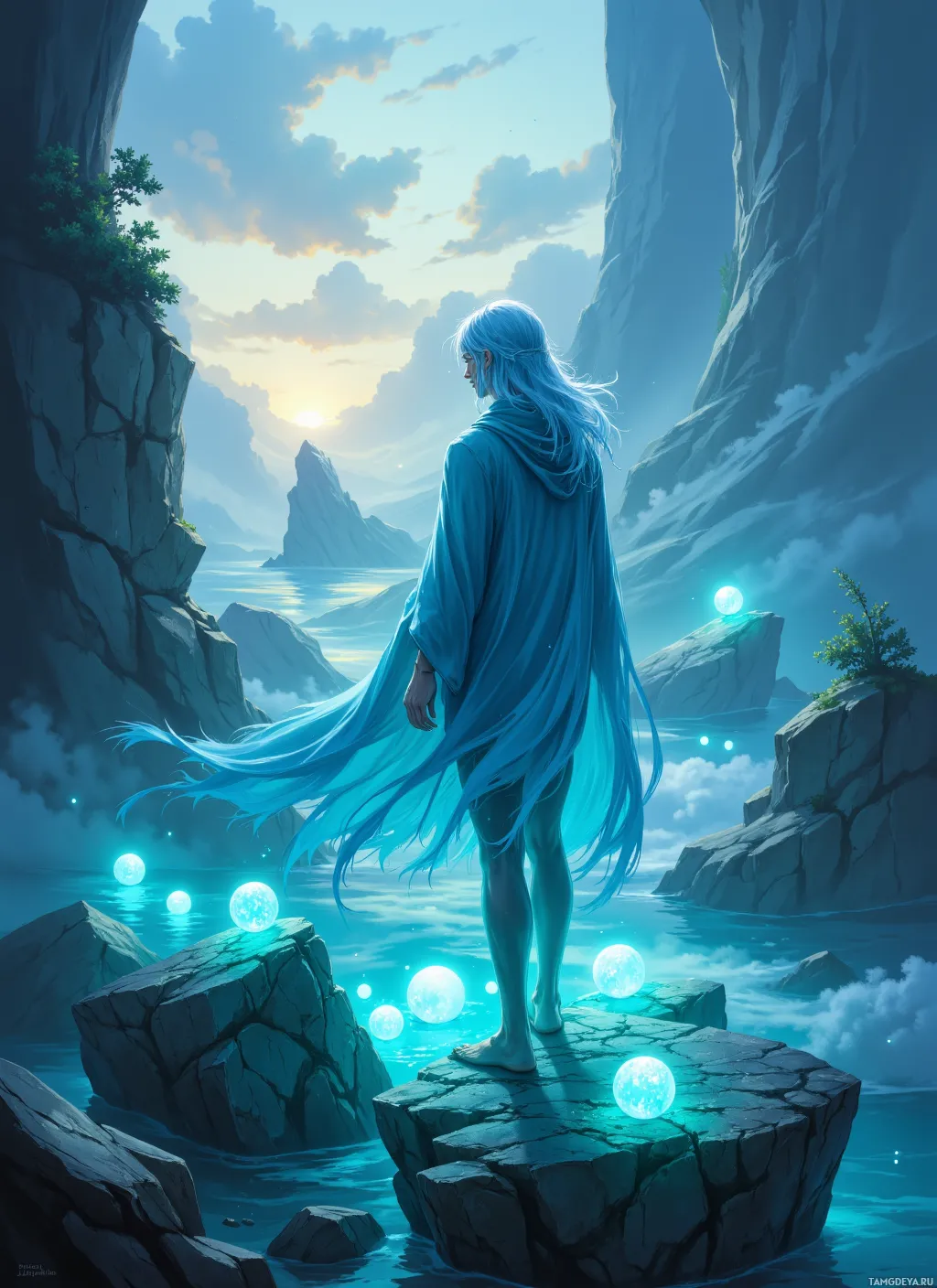 A figure with long blue hair stands on a rocky outcrop, gazing at a serene, glowing landscape with floating orbs and a tranquil sky.
