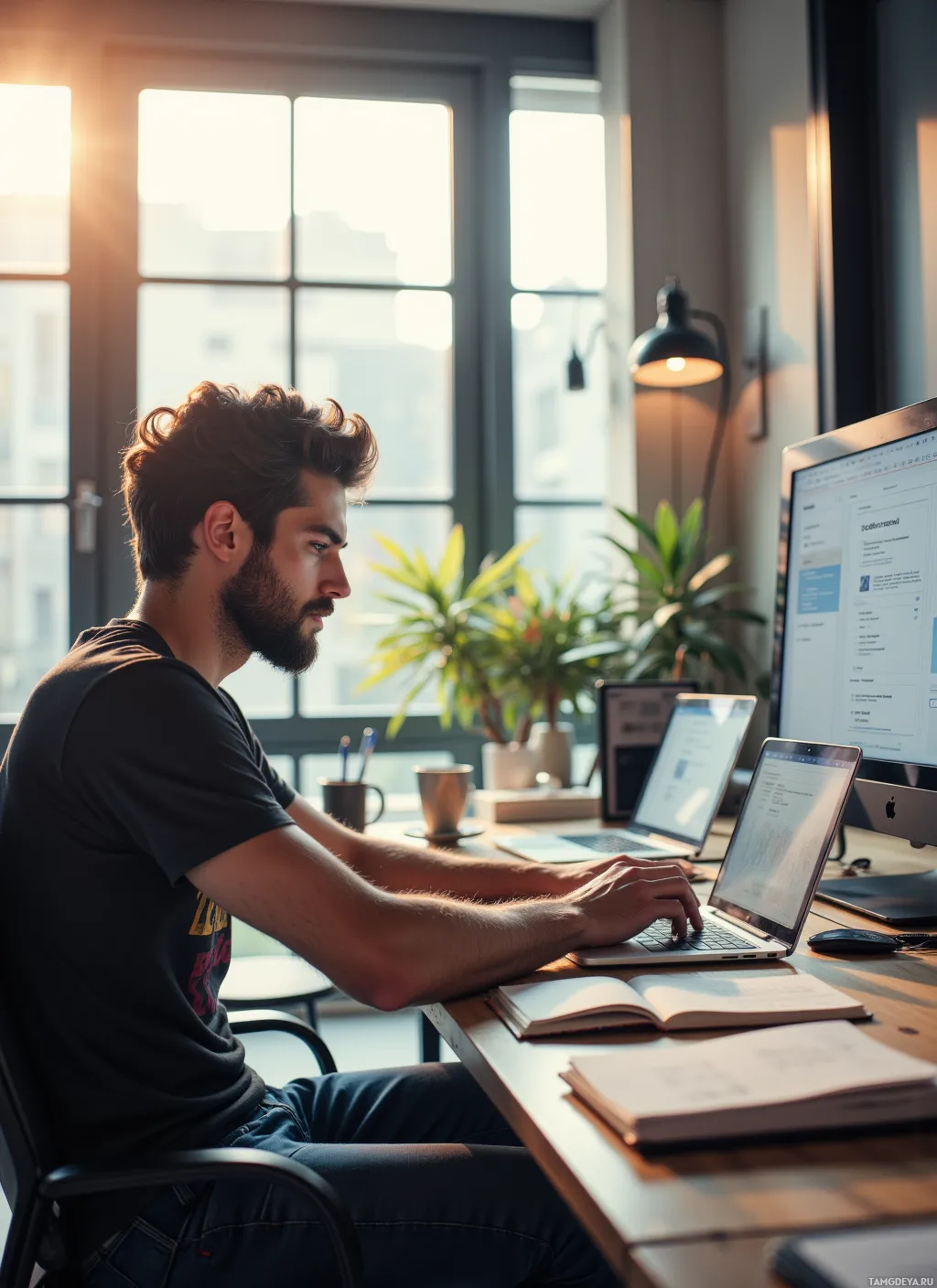 A man is working at a desk with multiple laptops and books, illuminated by natural light from a large window.