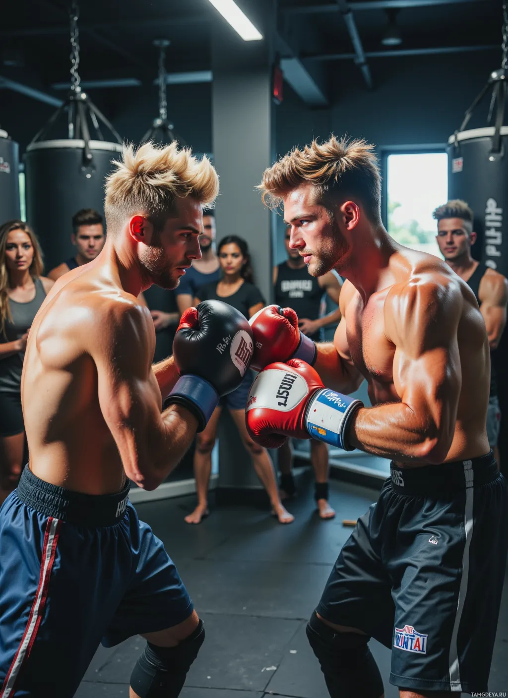 Two boxers face each other in a gym, preparing for a sparring session.