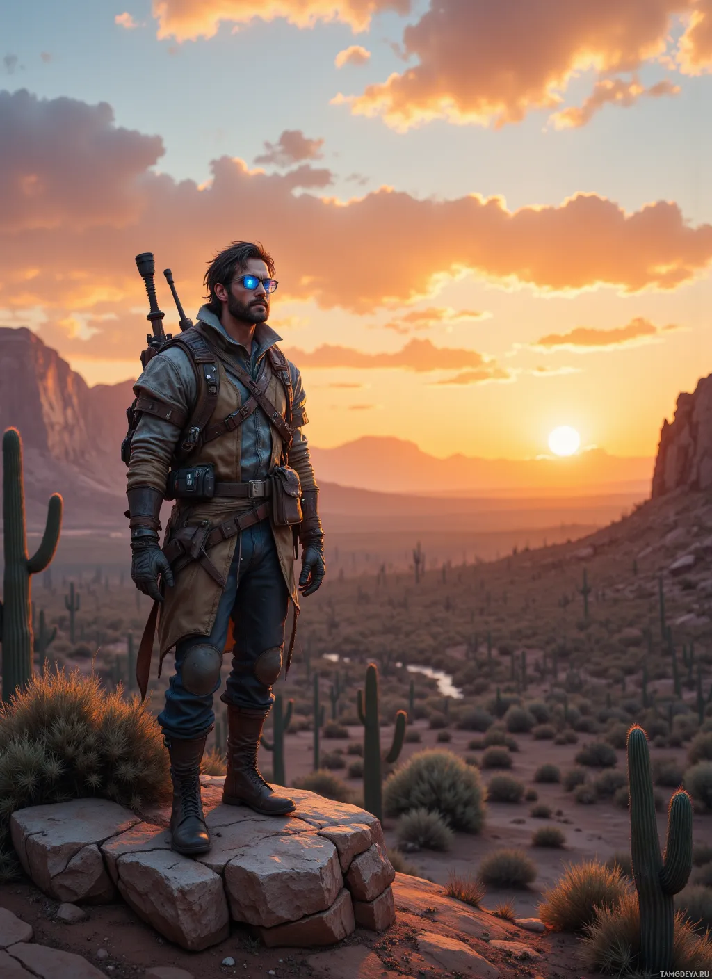 A rugged individual stands on a rocky outcrop in a desert landscape at sunset.