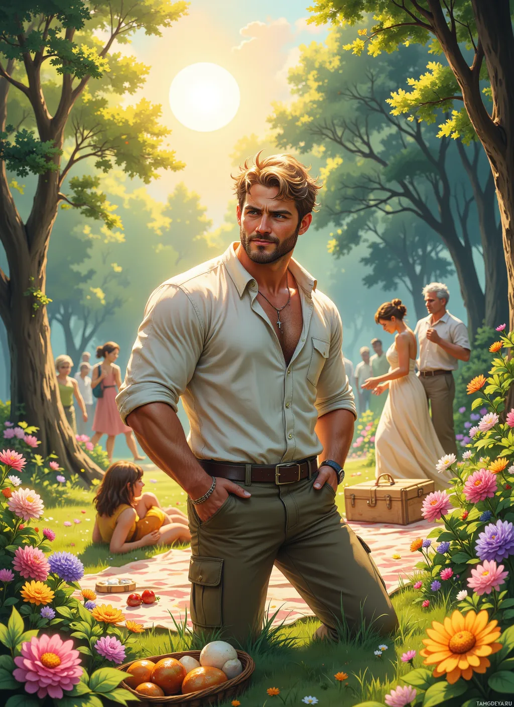 A man in a light shirt and cargo pants stands confidently in a lush, sunlit park with people enjoying a picnic in the background.