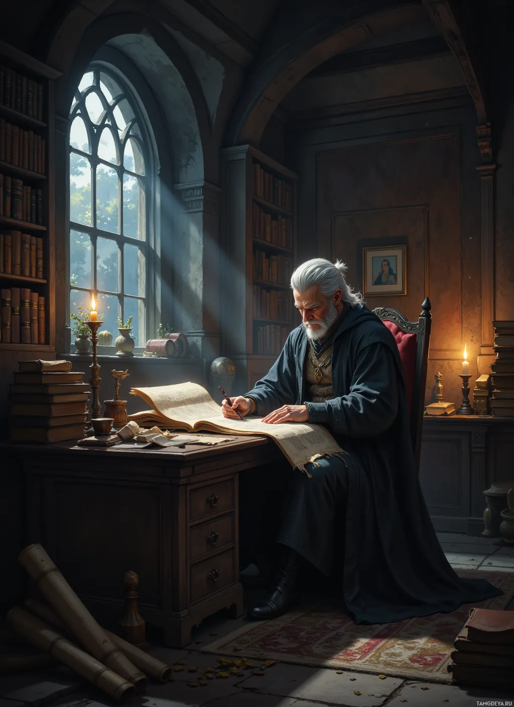 An elderly scholar sits at a desk in a dimly lit room, illuminated by sunlight streaming through a large window, writing in a book.