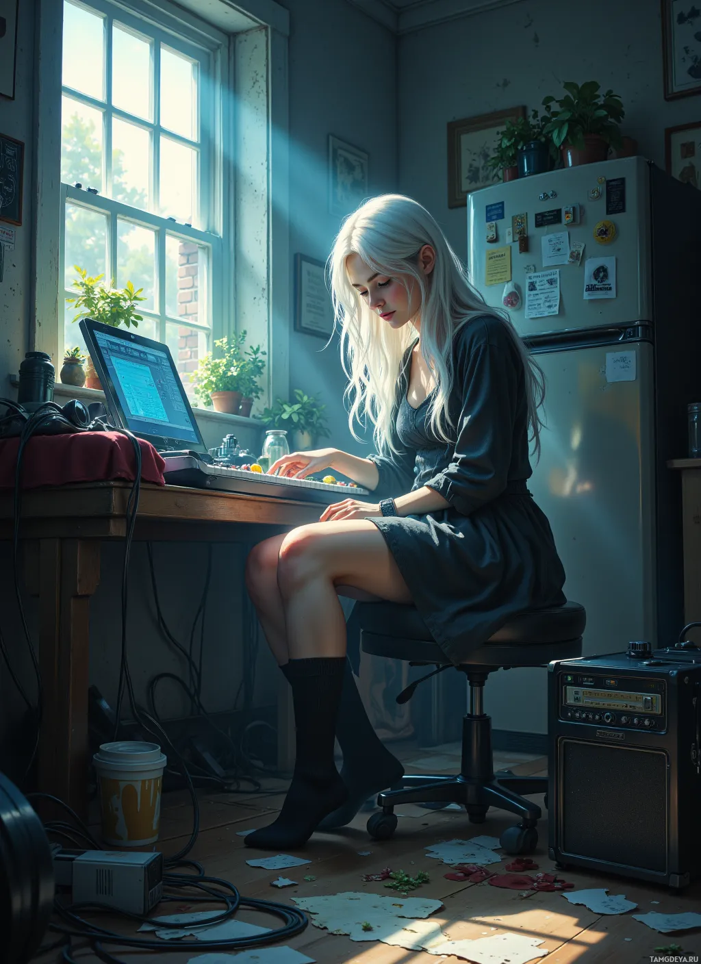 A person with long white hair sits at a desk, working on a laptop in a room with a window and various plants.