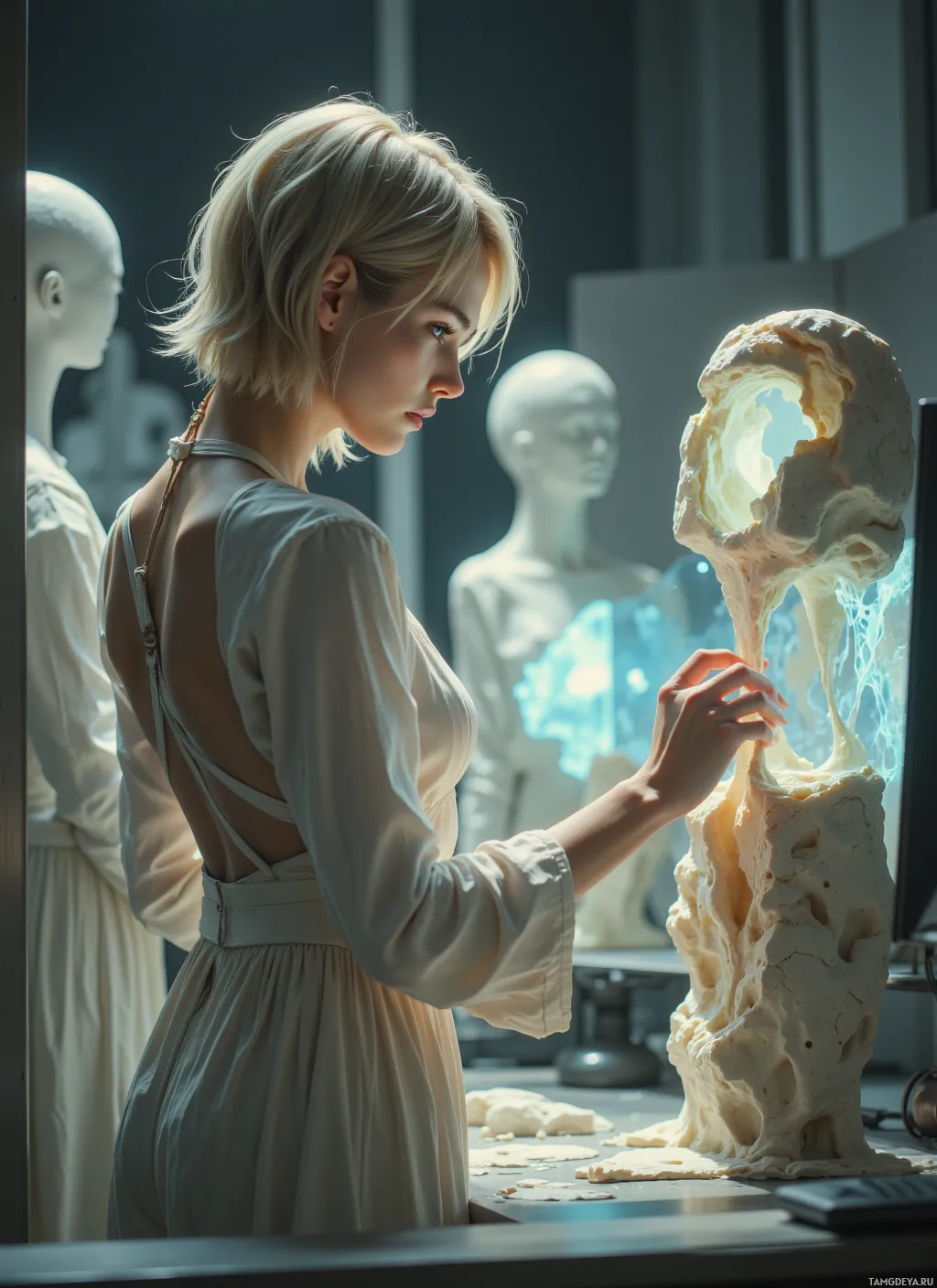 A woman in a light dress is sculpting a head from clay in a studio.
